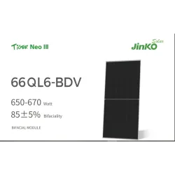لوح الطاقة الشمسية جنكو Tiger Neo III Bifacial N-Type (قدرة 650-670 واط) من Jinko Solar لوح الطاقة الشمسية جنكو Tiger Neo III Bifacial N-Type (قدرة 650-670 واط) من Jinko Solar