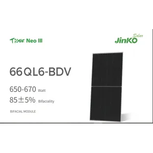 لوح الطاقة الشمسية جنكو Tiger Neo III Bifacial N-Type (قدرة 650-670 واط) من Jinko Solar لوح الطاقة الشمسية جنكو Tiger Neo III Bifacial N-Type (قدرة 650-670 واط) من Jinko Solar