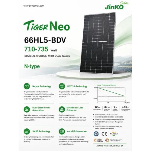 لوح الطاقة الشمسية ثنائي الوجه جنكو Jinko Tiger Neo N-Type (قدرة 730W) لوح الطاقة الشمسية ثنائي الوجه جنكو Jinko Tiger Neo N-Type (قدرة 730W)
