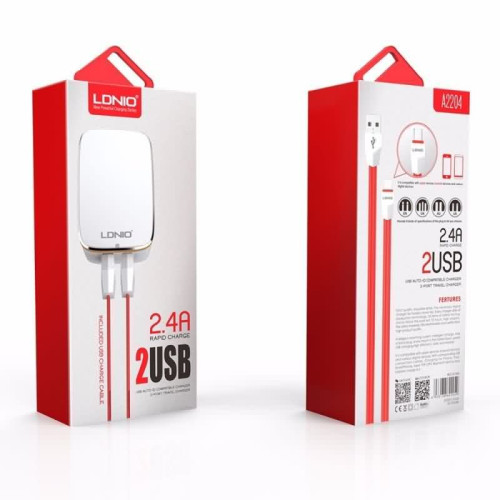 شاحن كهرباء LDNIO A2204 منفذين USB 2.4A مع كابل شاحن كهرباء LDNIO A2204 منفذين USB 2.4A مع كابل
